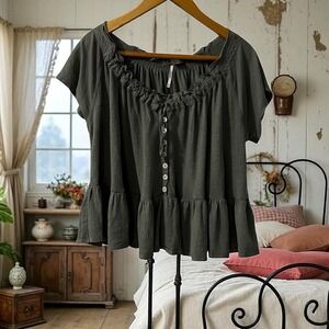 Free People Women's XS Army Sage Ruffled Scoop Neck Short Sleeve Top
